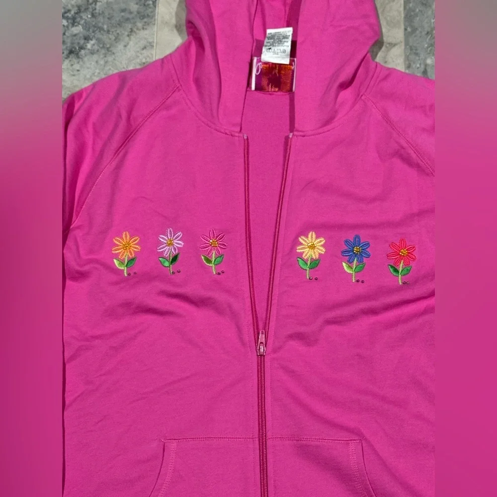 Quacker Factory Vibrant Pink full zip hoodie with Floral Embroidery - Picture 3 of 5